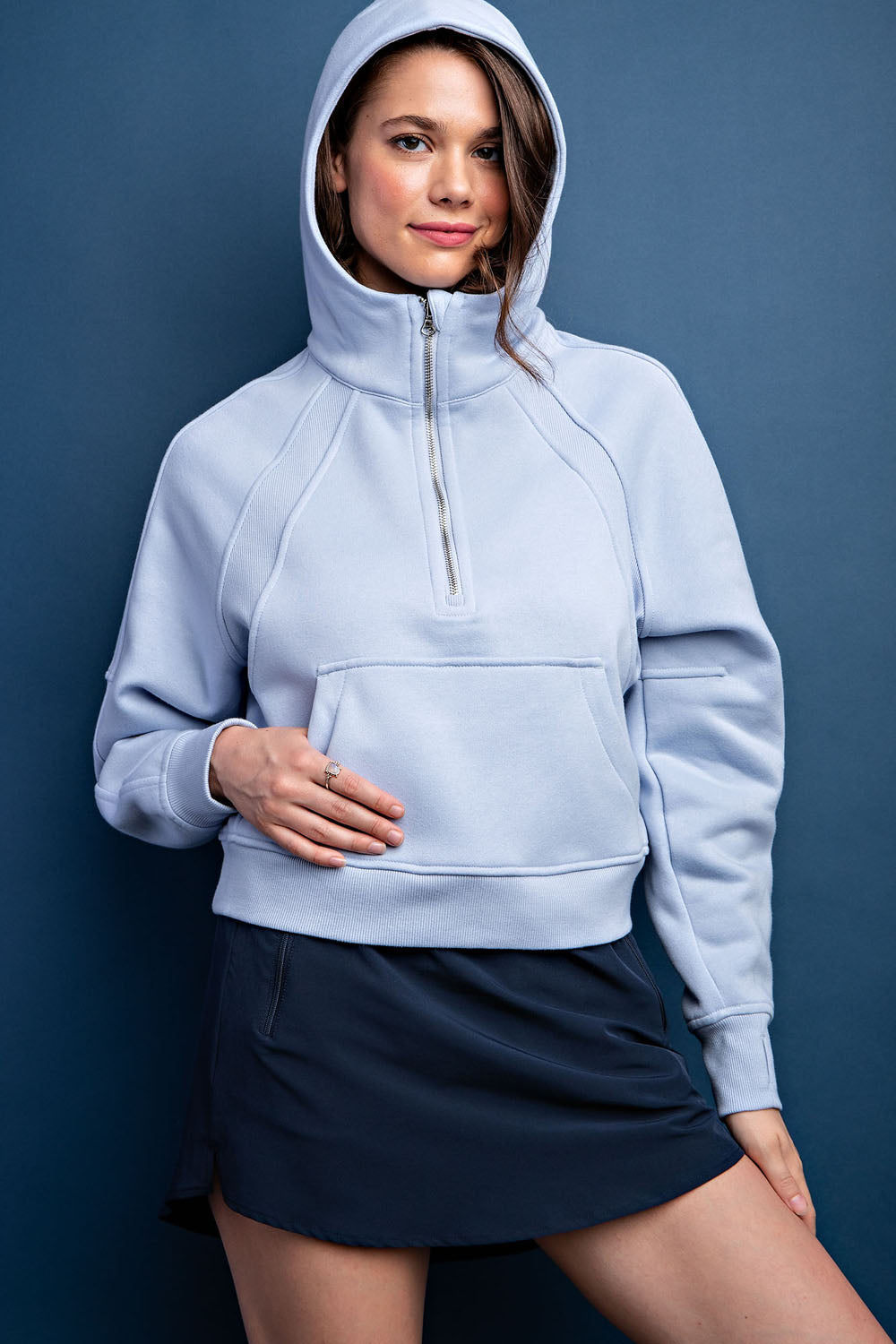 French Terry Cropped Quarter Zip Hoodie Jacket