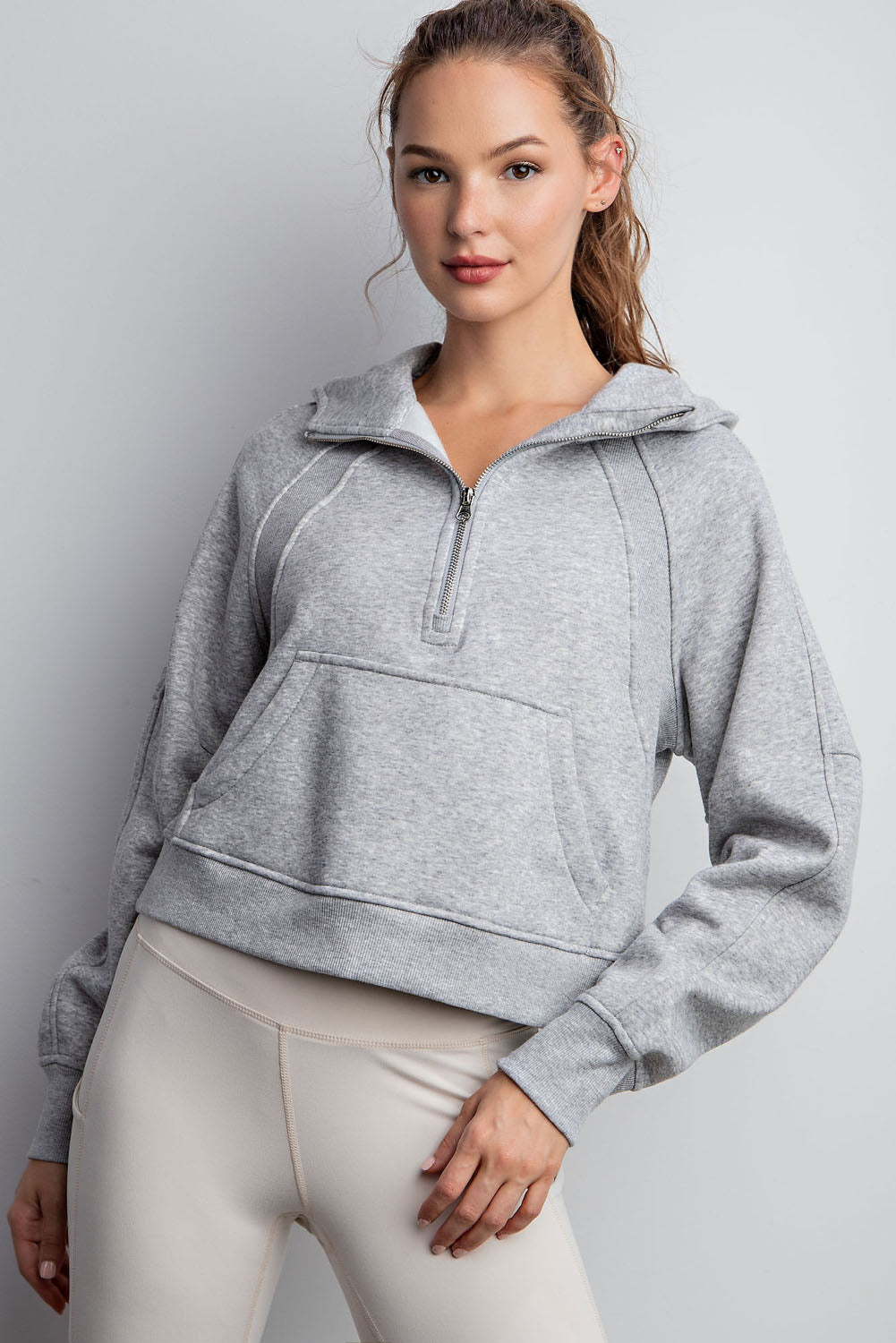 French Terry Cropped Quarter Zip Hoodie Jacket