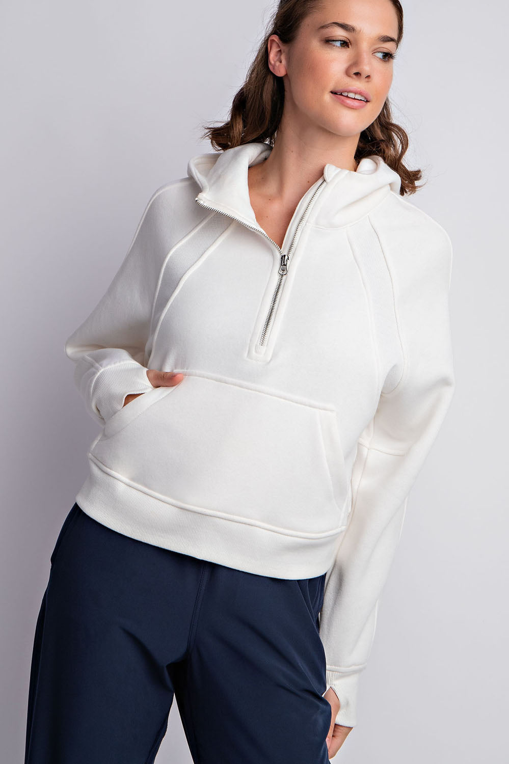 French Terry Cropped Quarter Zip Hoodie Jacket