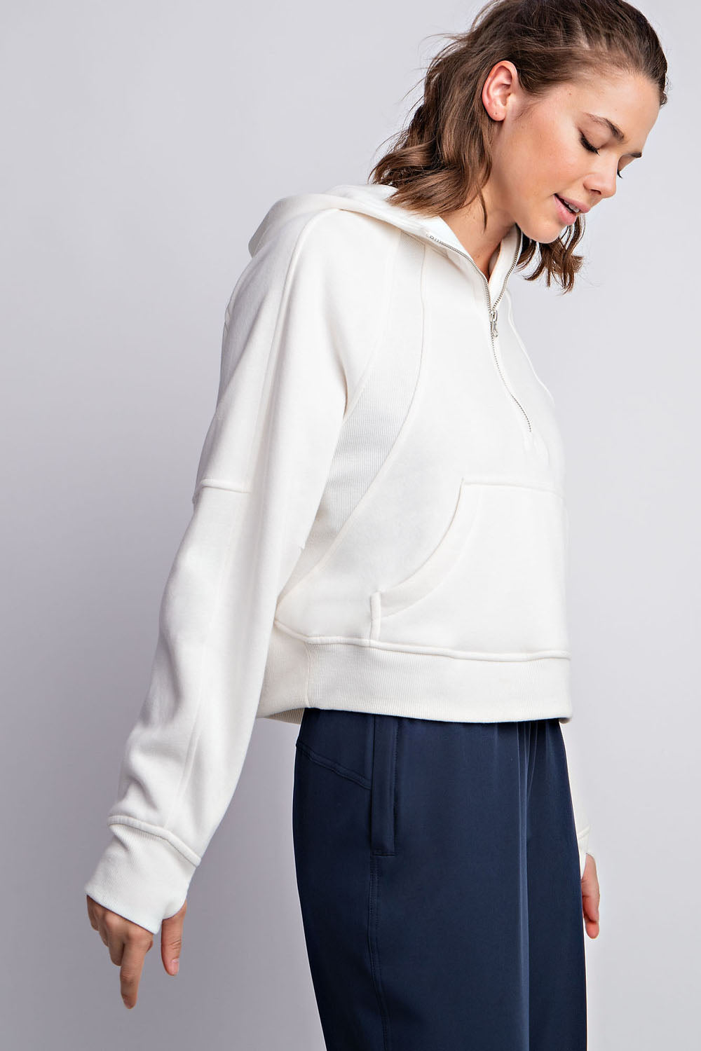 French Terry Cropped Quarter Zip Hoodie Jacket