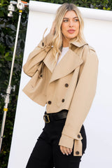 Solid Cropped Trench Coat with Broad Lapels