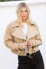 Solid Cropped Trench Coat with Broad Lapels