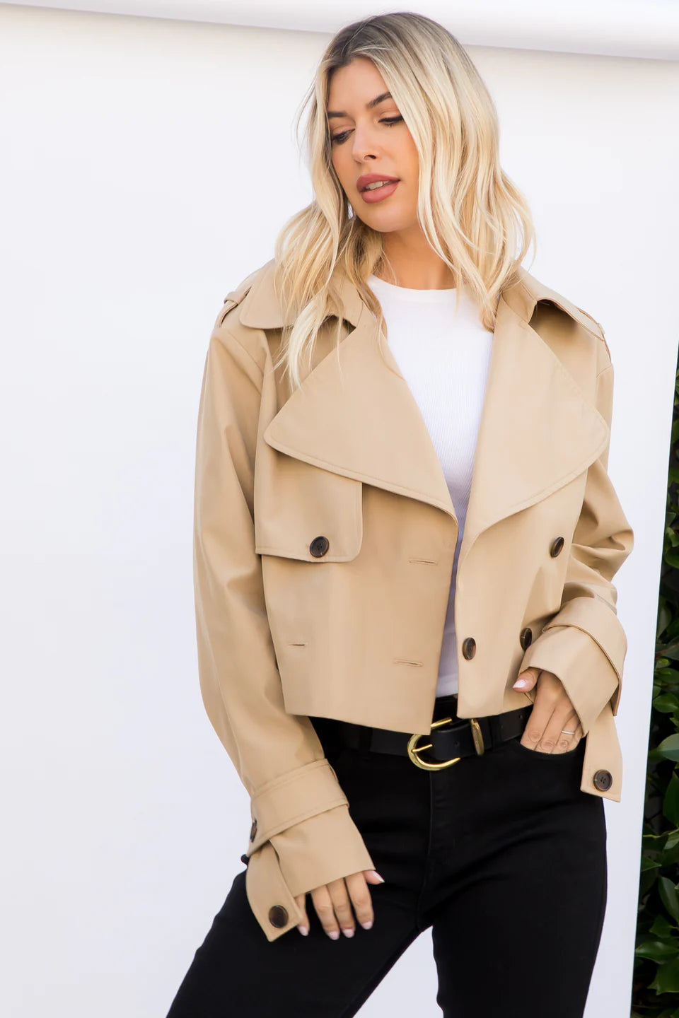 Solid Cropped Trench Coat with Broad Lapels