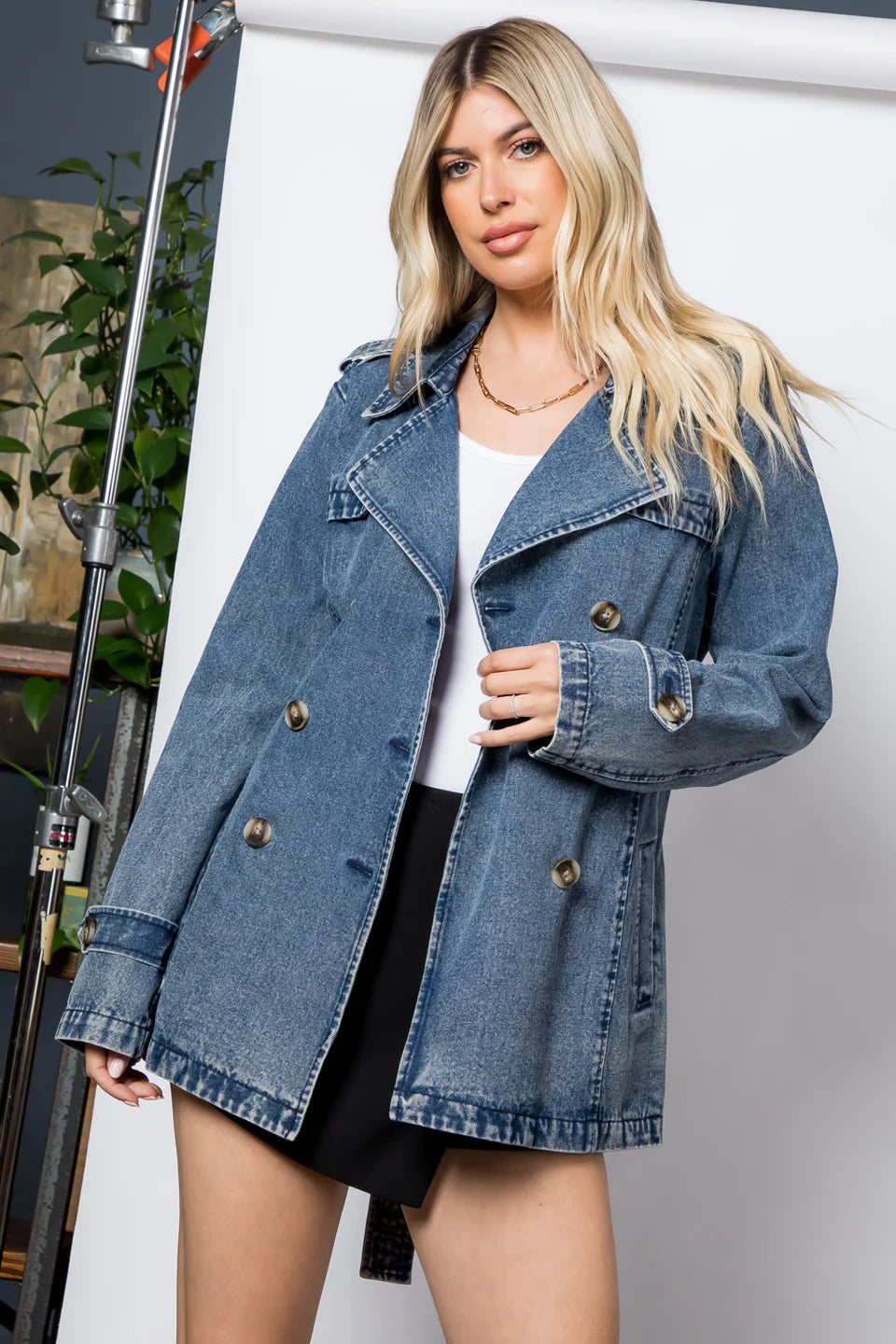 Washed Denim Short Trench Jacket