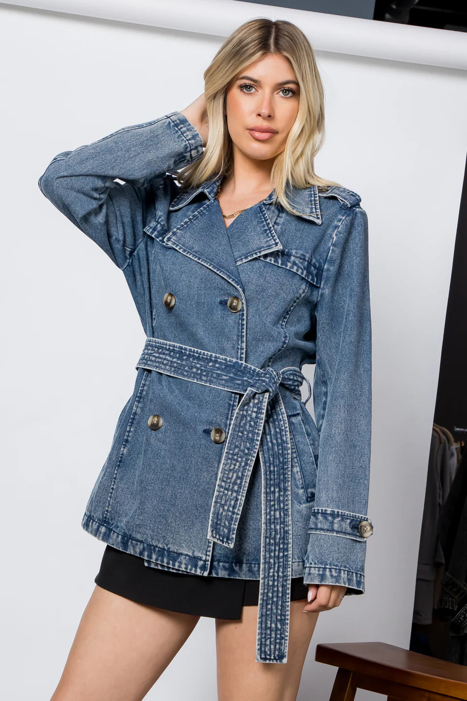 Washed Denim Short Trench Jacket