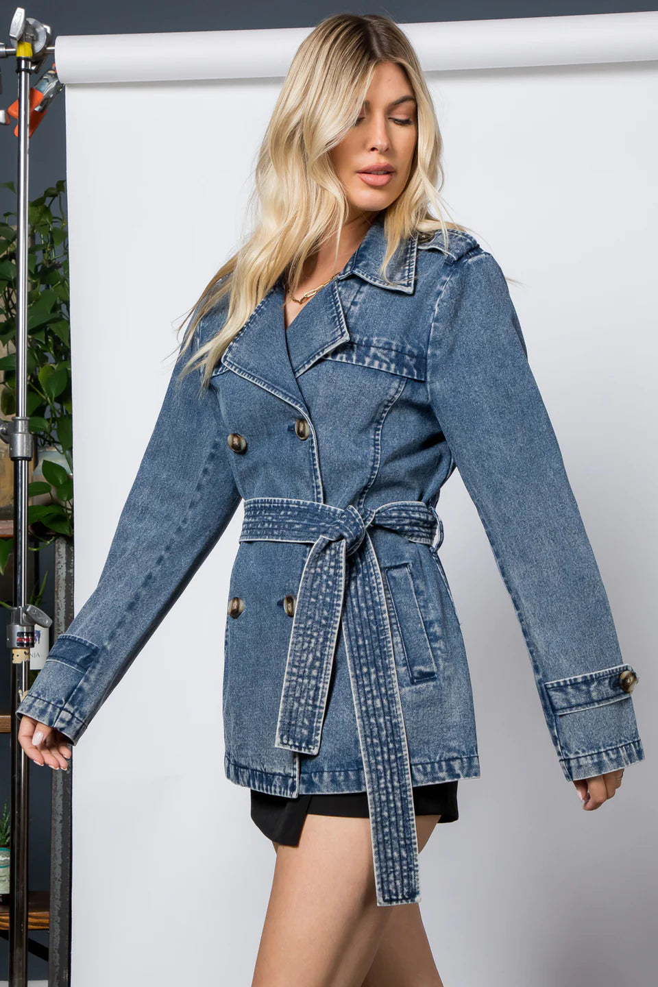 Washed Denim Short Trench Jacket