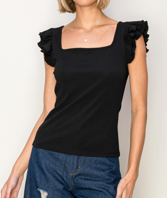 Love Situation Square Neck Jersey Ruffled Top