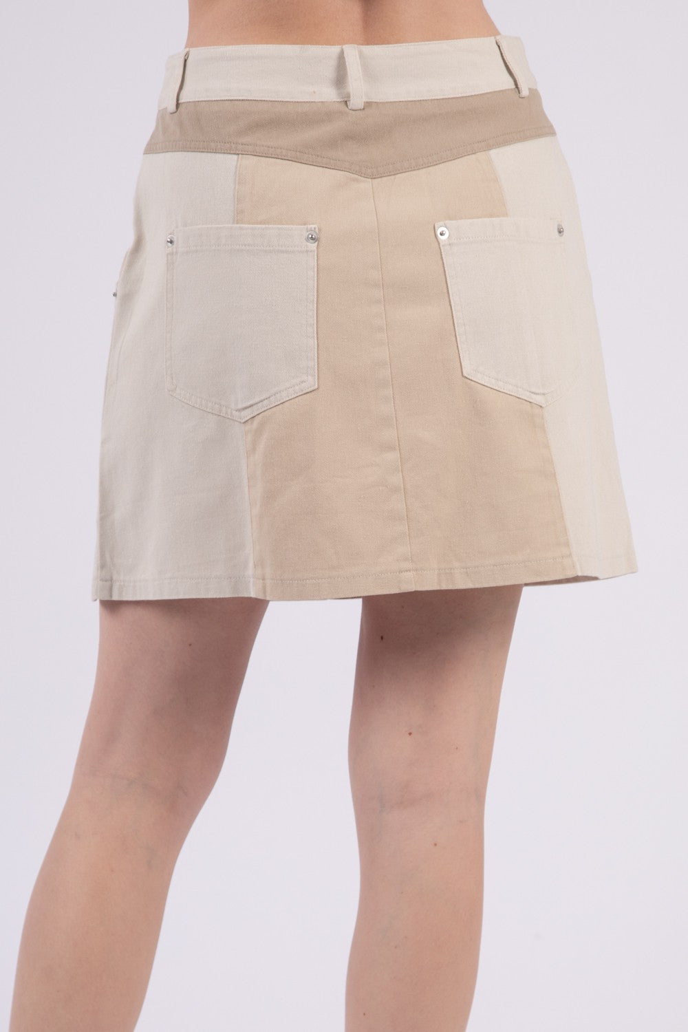 Washed Cotton Twill Color Block Casual Mini Skirt