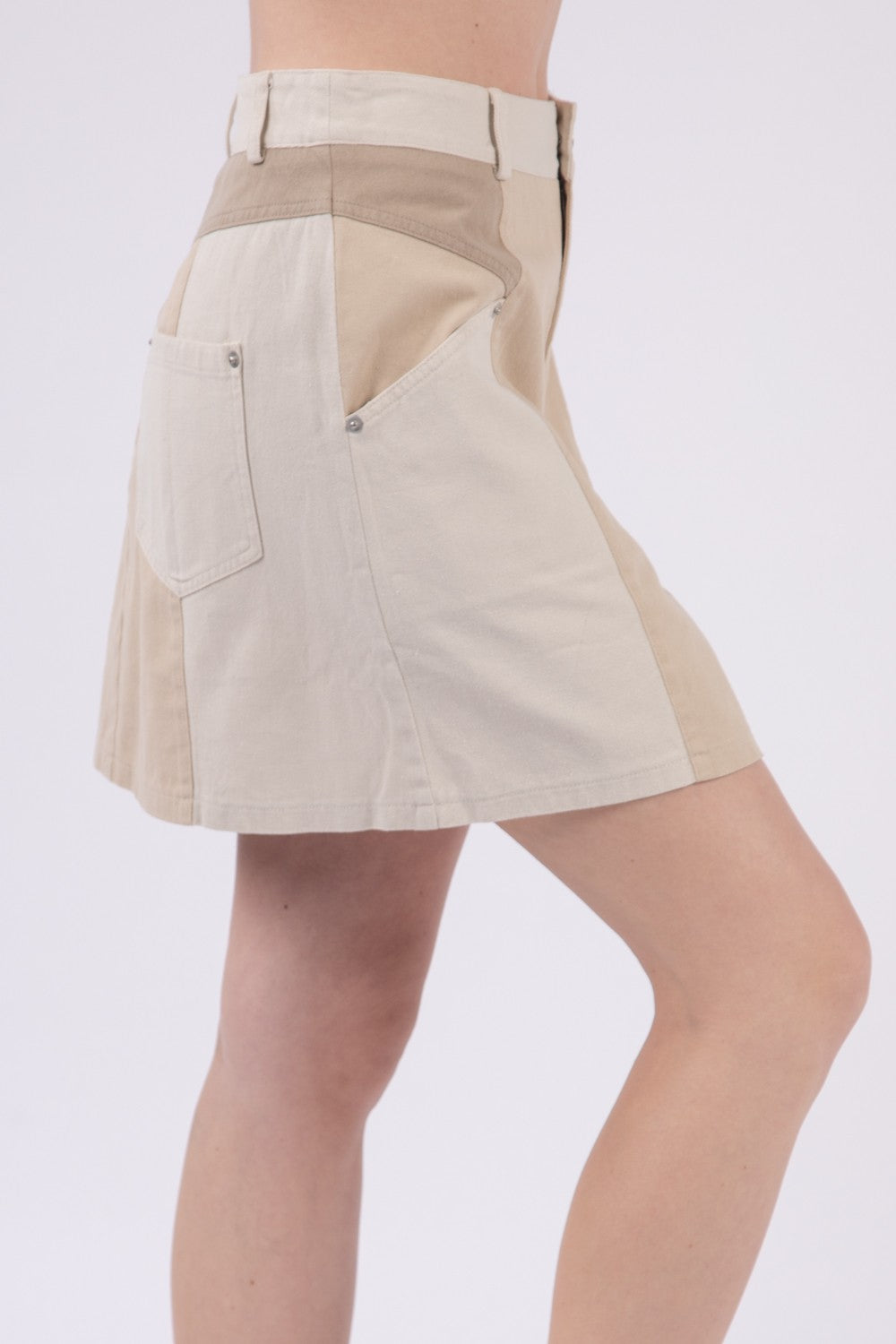 Washed Cotton Twill Color Block Casual Mini Skirt