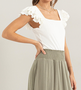 Love Situation Square Neck Jersey Ruffled Top