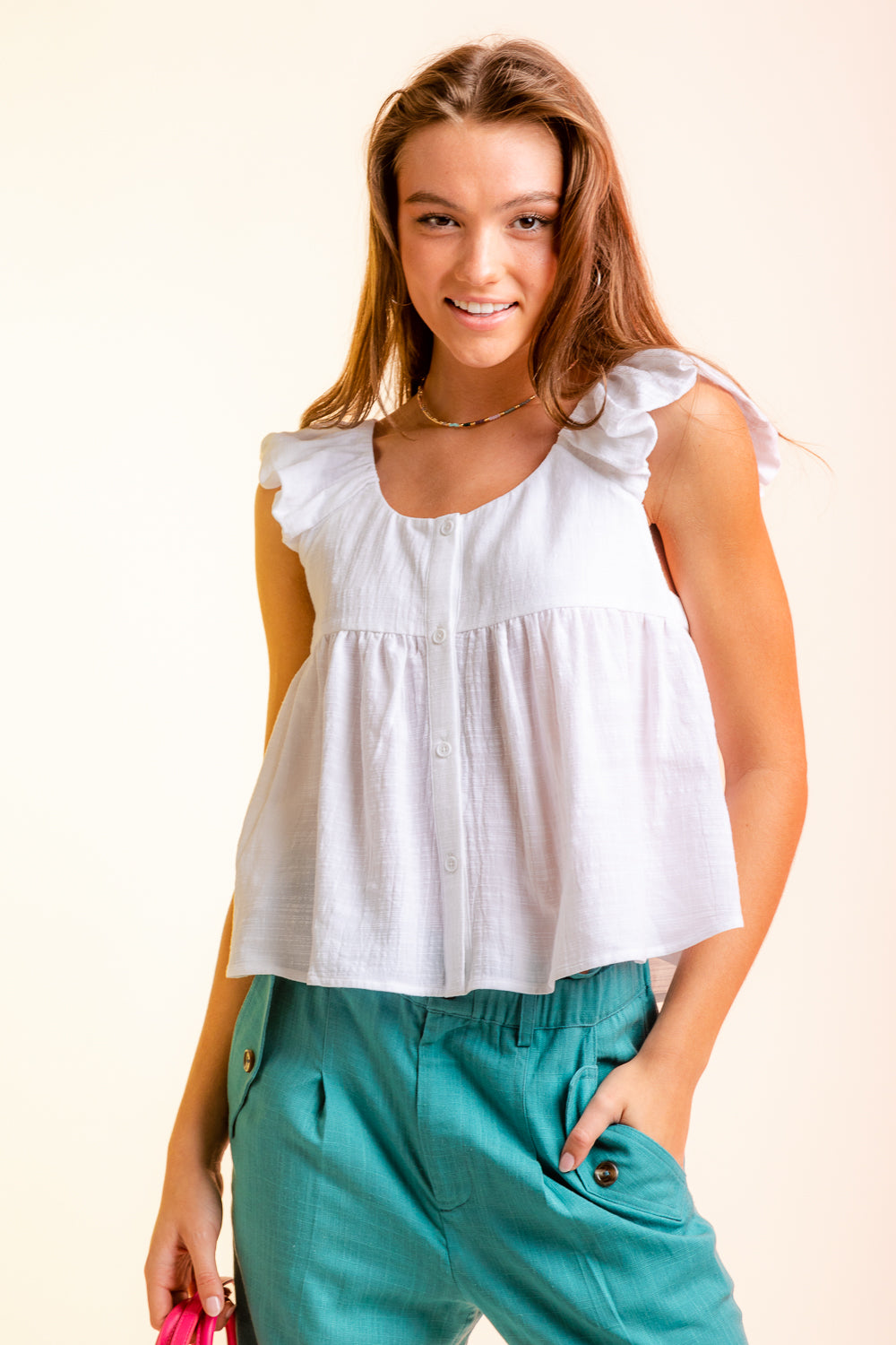 Ruffled Shoulder Linen Babydoll Top