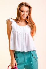 Ruffled Shoulder Linen Babydoll Top