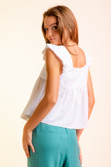 Ruffled Shoulder Linen Babydoll Top