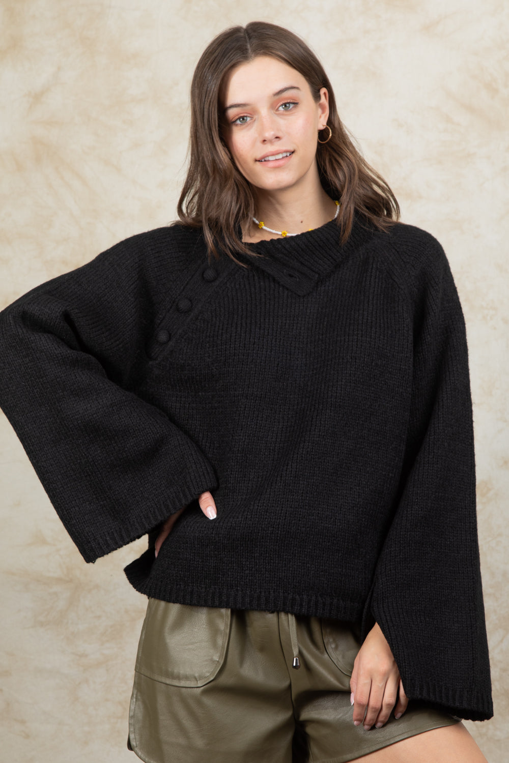 High Neck Side Opening Sweater Top