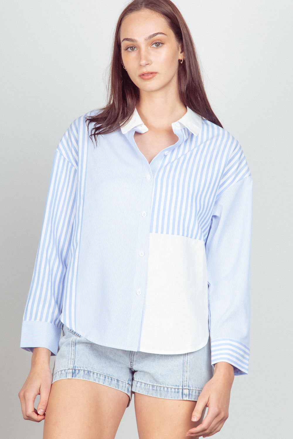 Plus Size Color Block Stripe Woven Shirts Top