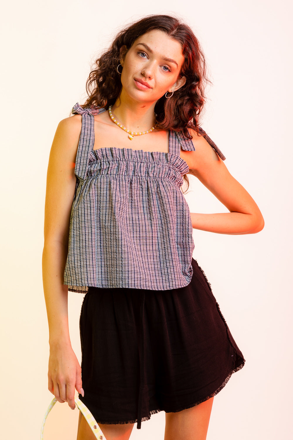 Sleeveless Woven Plaid Gathered Babydoll Top