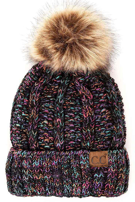 Knitted 4-Tone Hat with Fuzzy Lining and 12cm Pom