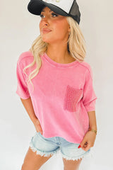 Pink Acid Wash Lace Patch Pocket T-Shirt