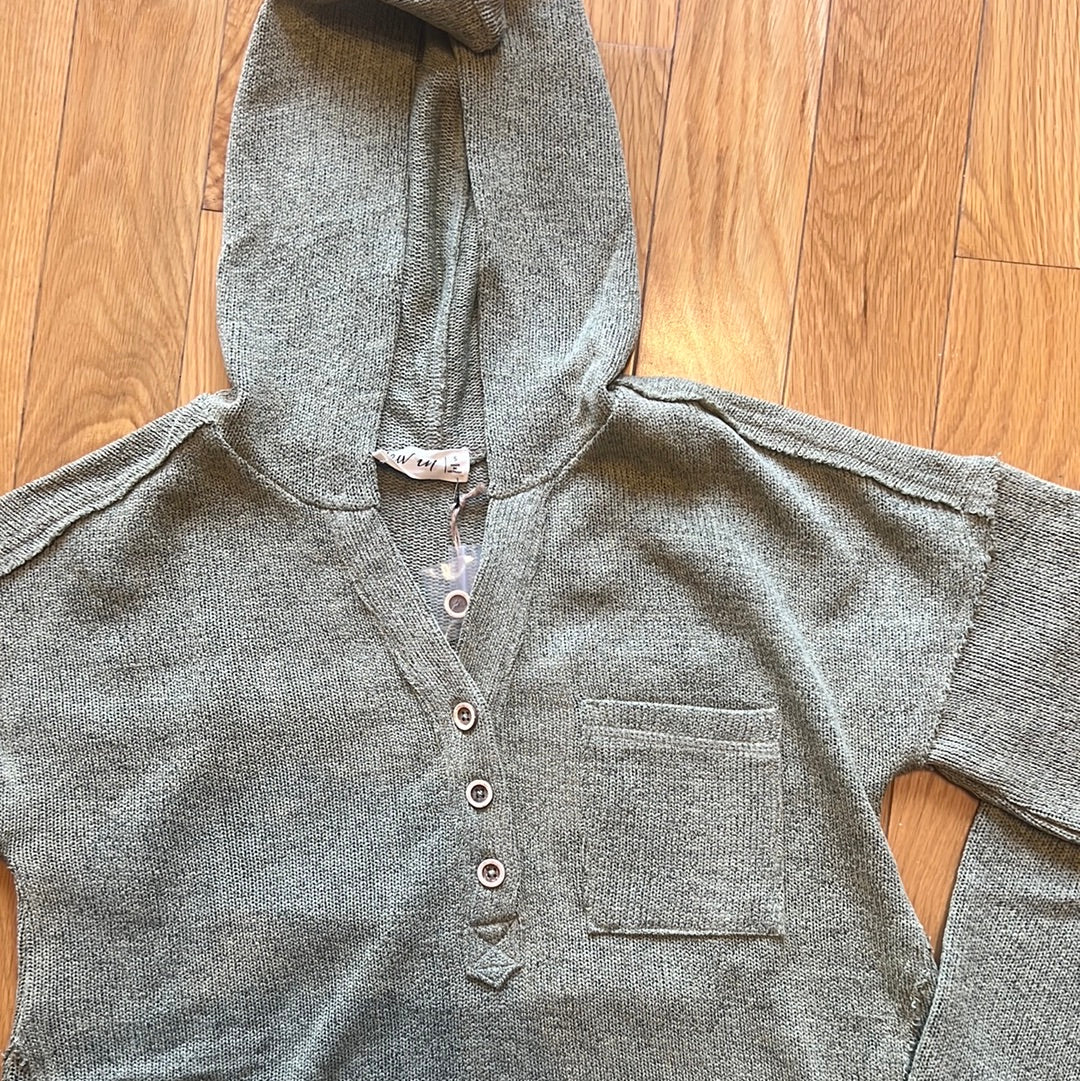 Quarter button knit hoodie sweater