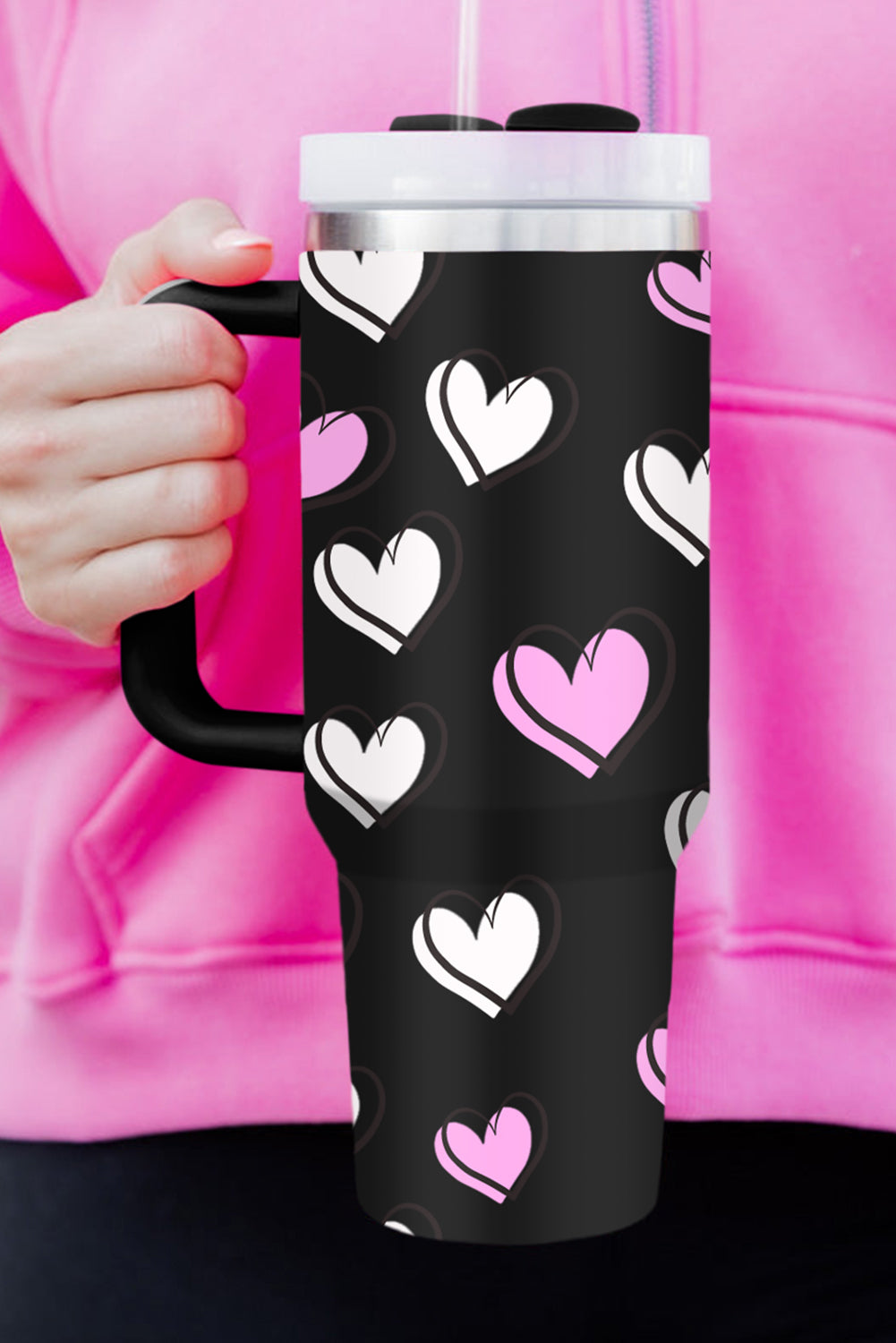 Valentines Heart Printed Thermos Cup with Handle (in Rose Red or Black)