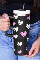 Valentines Heart Printed Thermos Cup with Handle (in Rose Red or Black)