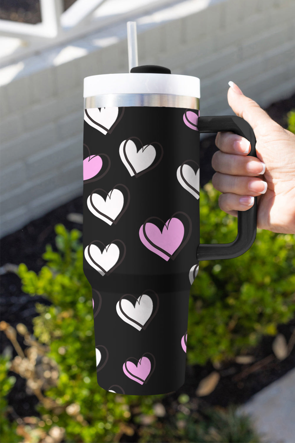 Valentines Heart Printed Thermos Cup with Handle (in Rose Red or Black)