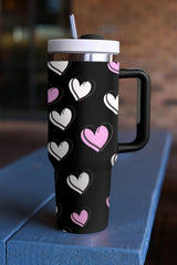 Valentines Heart Printed Thermos Cup with Handle (in Rose Red or Black)