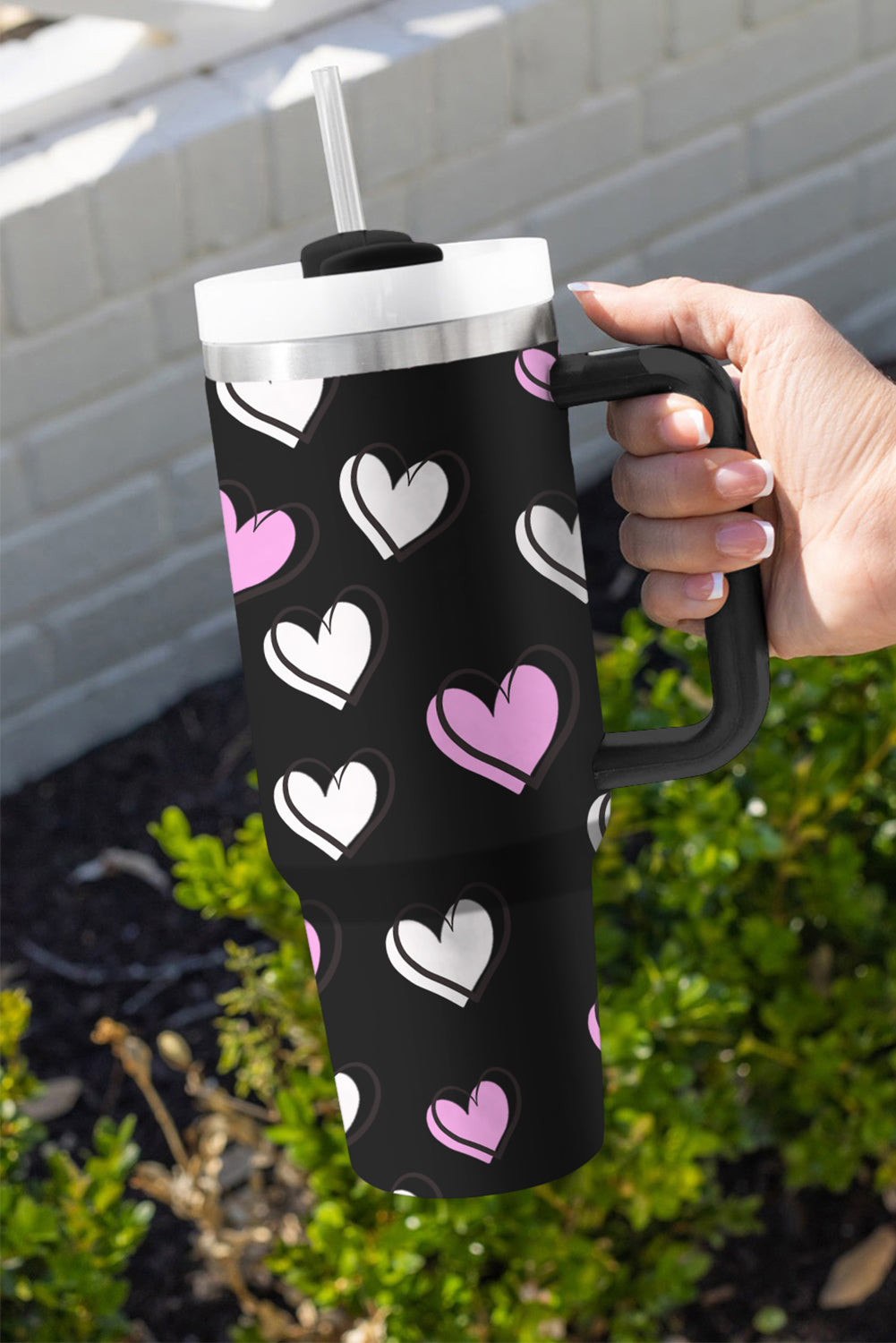 Valentines Heart Printed Thermos Cup with Handle (in Rose Red or Black)