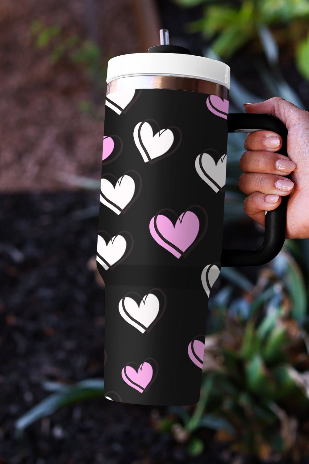 Valentines Heart Printed Thermos Cup with Handle (in Rose Red or Black)