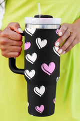 Valentines Heart Printed Thermos Cup with Handle (in Rose Red or Black)