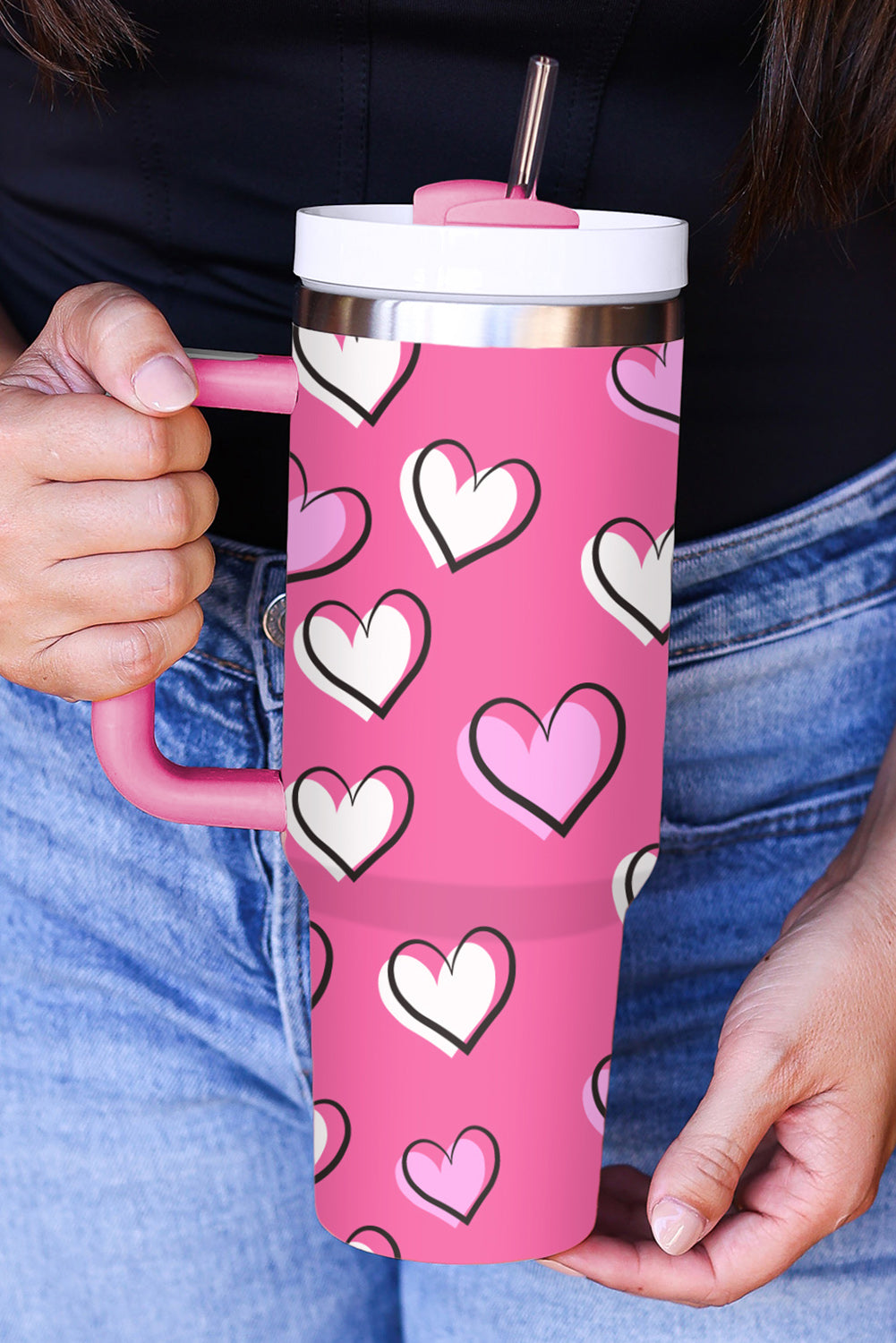 Valentines Heart Printed Thermos Cup with Handle (in Rose Red or Black)