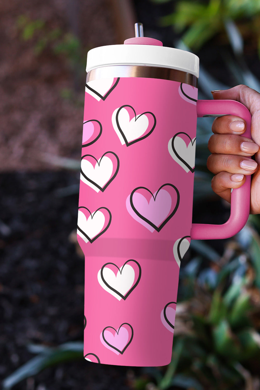 Valentines Heart Printed Thermos Cup with Handle (in Rose Red or Black)