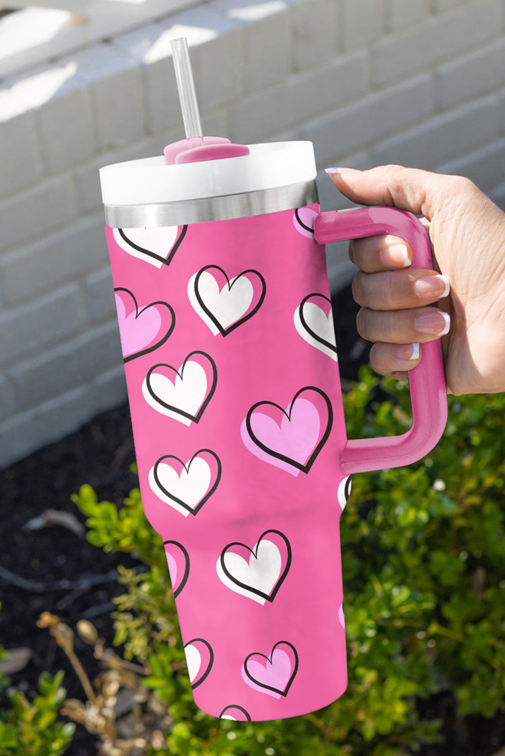 Valentines Heart Printed Thermos Cup with Handle (in Rose Red or Black)