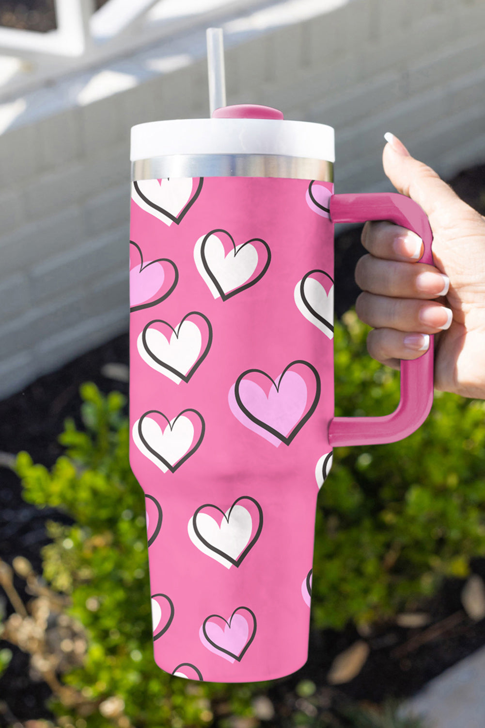 Valentines Heart Printed Thermos Cup with Handle (in Rose Red or Black)