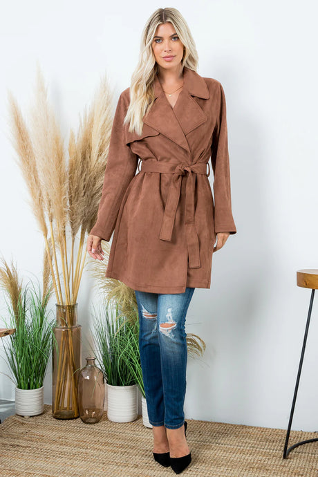 Suede Trench Coat Jacket with Tie Belt