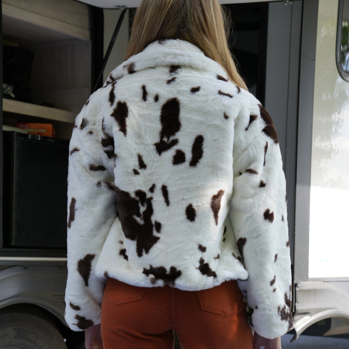 Cow Printed Faux Fur Short Jacket