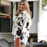 Cow Printed Faux Fur Short Jacket