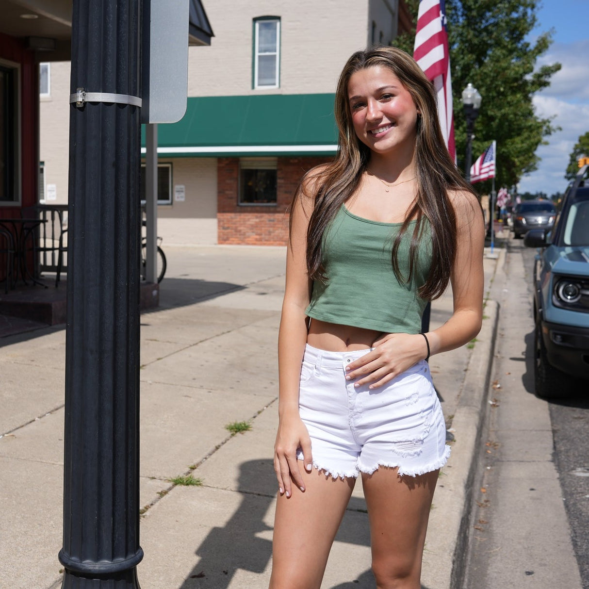 White Distressed High Rise Shorts with Double Button