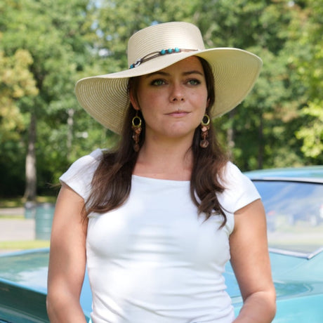 Brianna Wide Brim Boater Hat w/ Beaded Trim