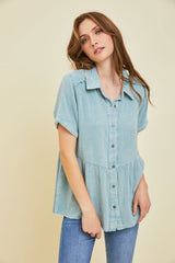 Mineral-Washed Babydoll Button-Down Shirt with Short Sleeves