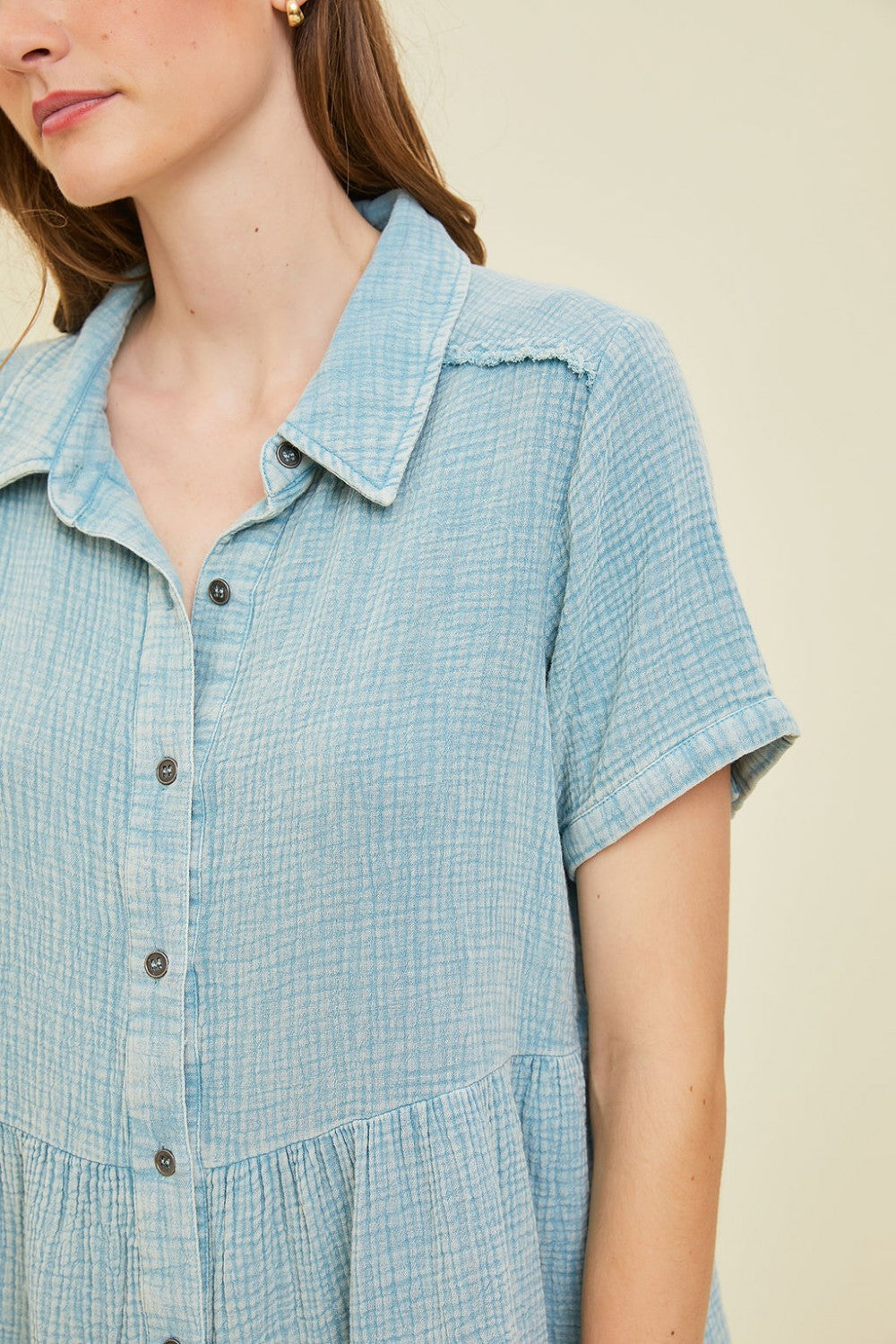 Mineral-Washed Babydoll Button-Down Shirt with Short Sleeves