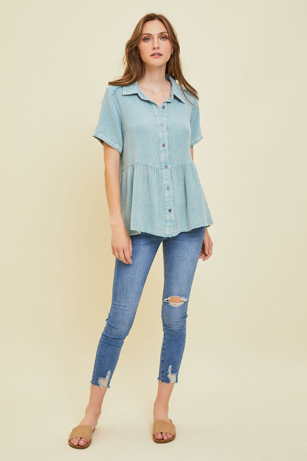 Mineral-Washed Babydoll Button-Down Shirt with Short Sleeves