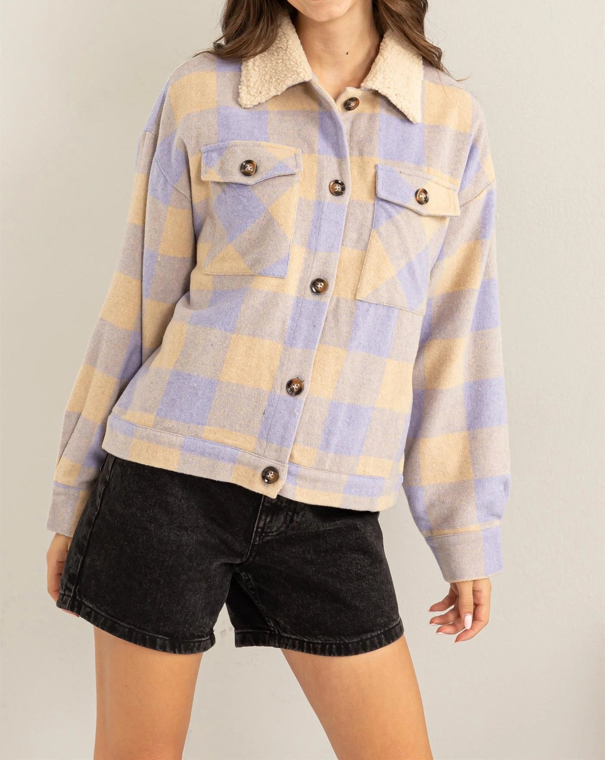 Troublemaker Plaid Print Teddy Fur Collar Jacket