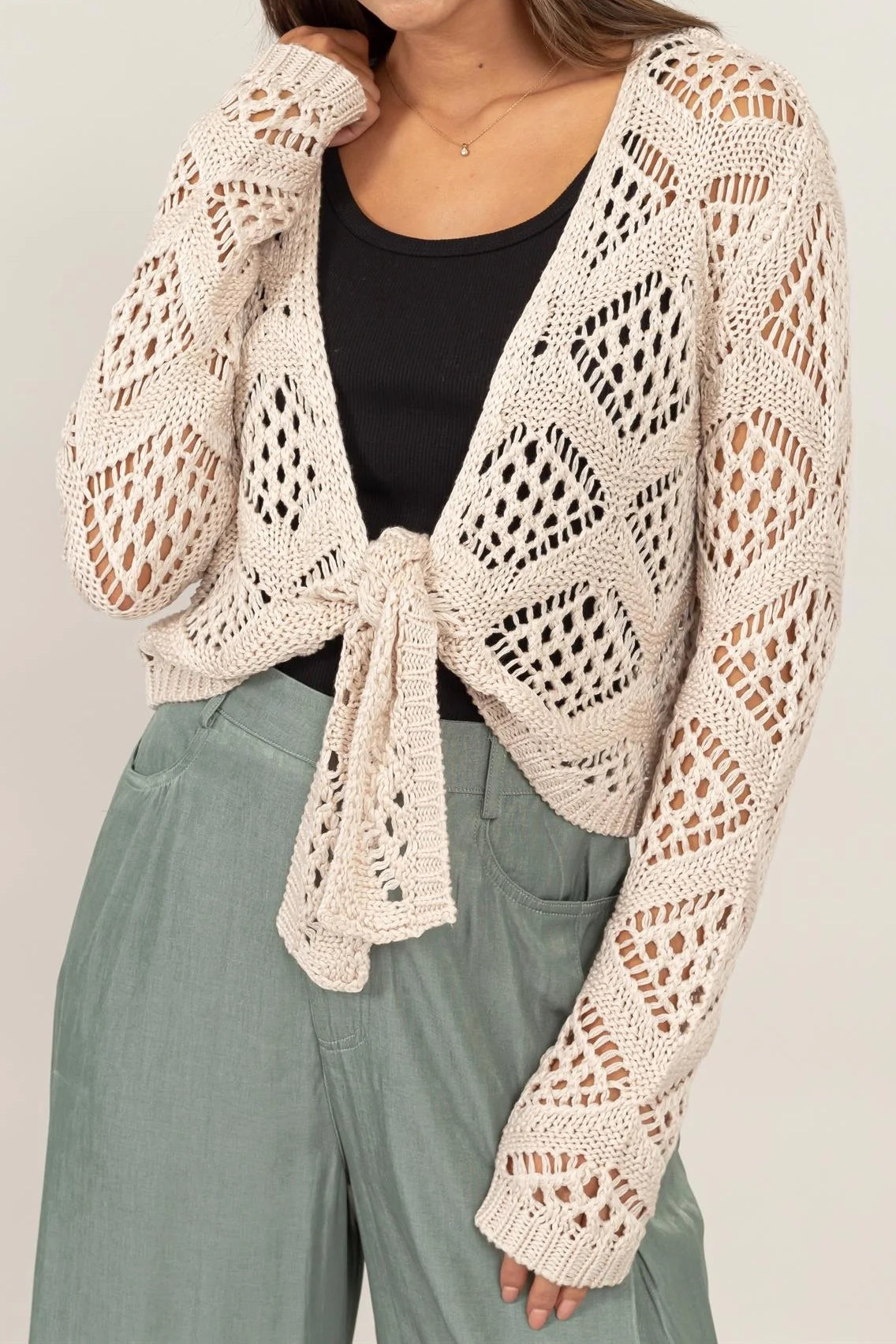 Crochet Knit Tie-Front Cardigan