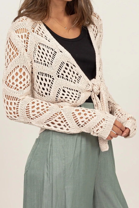 Crochet Knit Tie-Front Cardigan