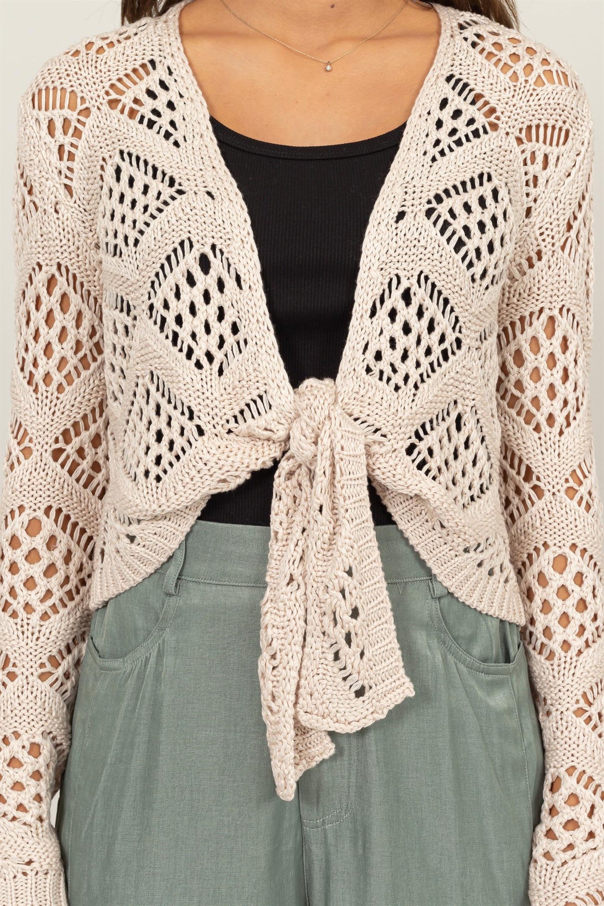 Crochet Knit Tie-Front Cardigan