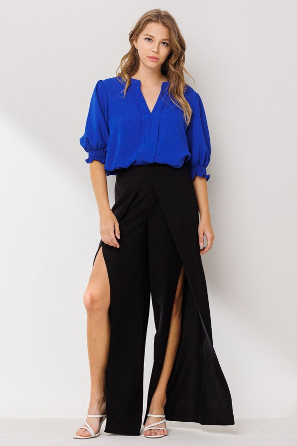 Faux Wrap Wide Pants with Slit