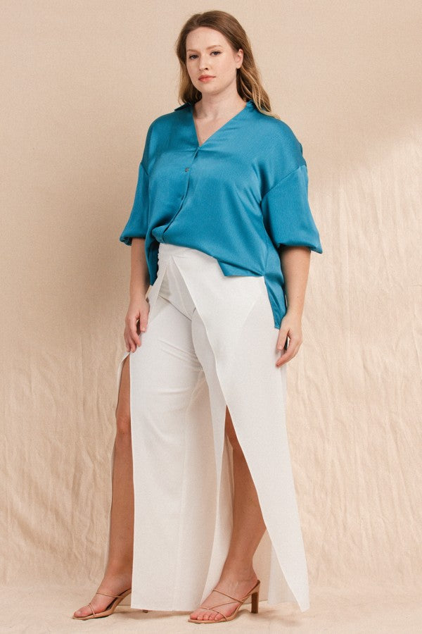 Faux Wrap Wide Pants with Slit