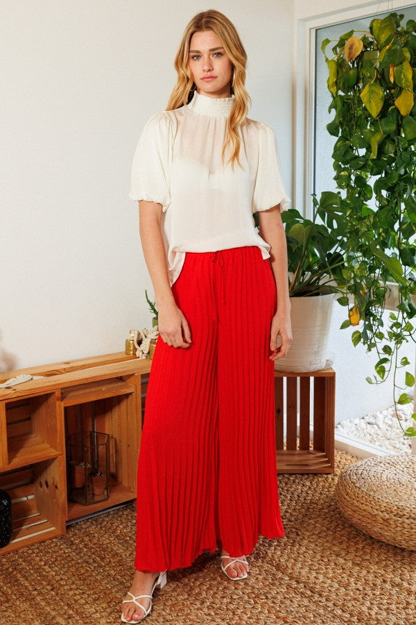 Woven Solid Pleats Maxi Pants