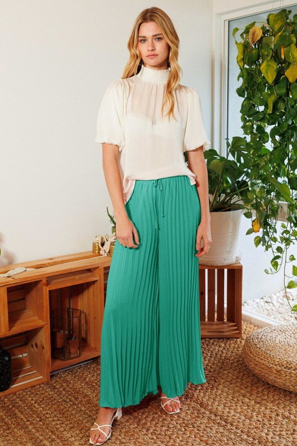 Woven Solid Pleats Maxi Pants